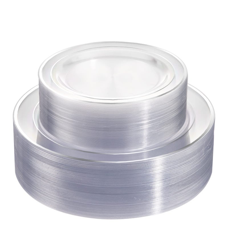 I00000 96 Pieces Clear Silver Plastic Plates, Clear Disposable Plates with Silver Rim Heavy Duty Fancy Wedding Party Plate Include 48 Dinner Plate 10.25" and 48 Dessert Appetizer Plate 7.5" - Image 1